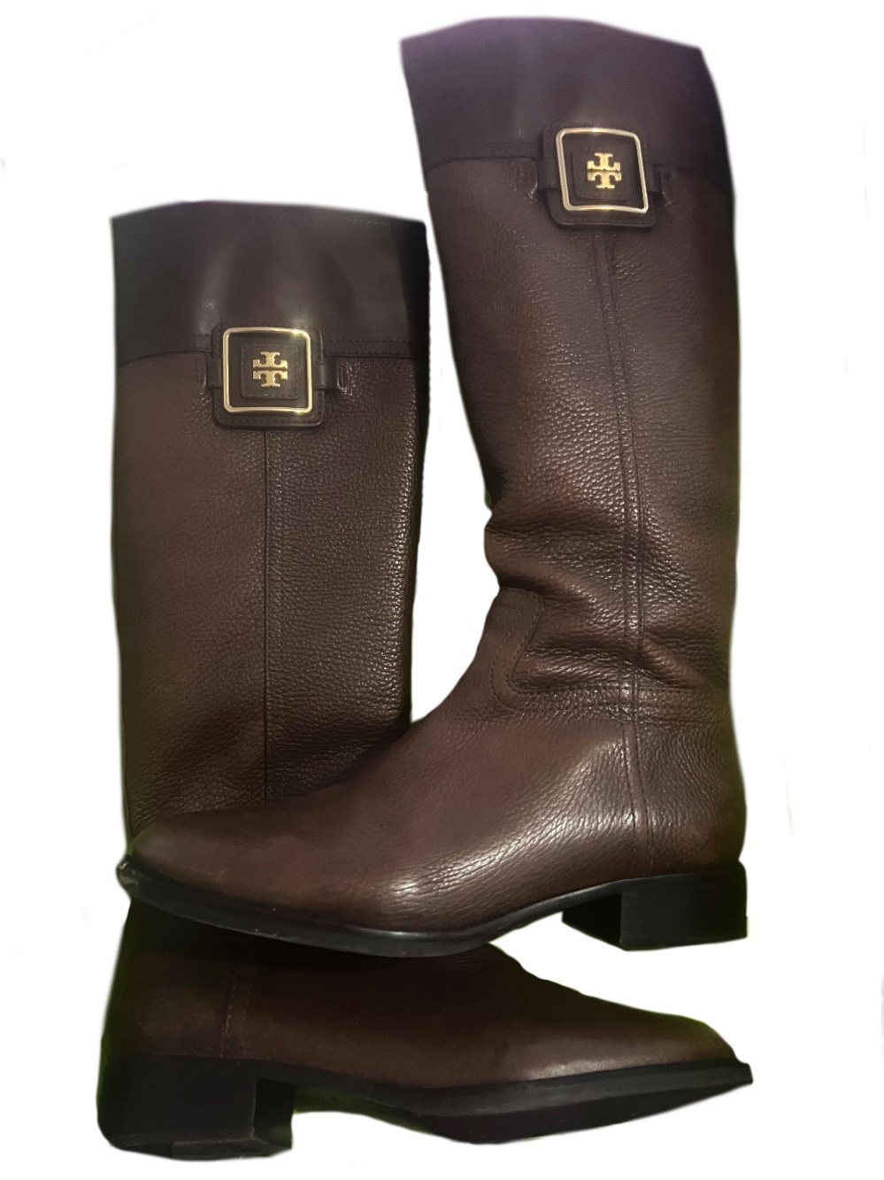 Tory Burch Julian Brown Tall Leather Riding Boots with Gold Logo